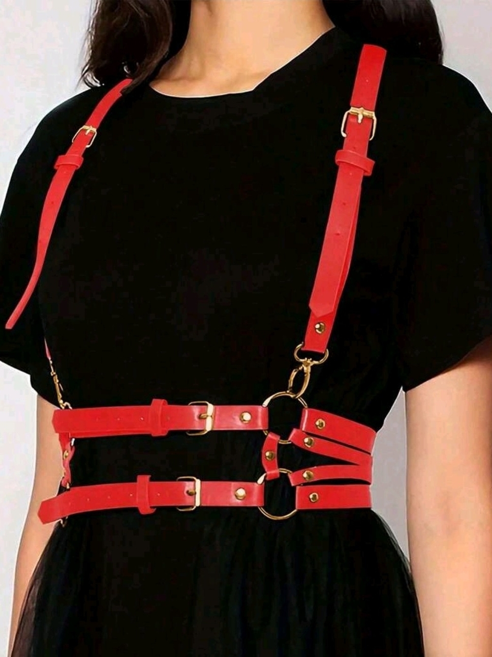 Trendy Red Pu Leather Two Straps Harness Belt with Gold Hardware -Length:43.3"